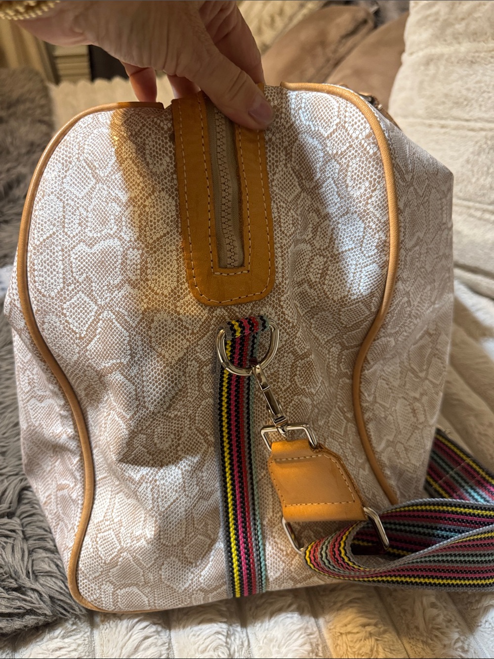 Consuela White Snake-Print Travel Tote with Tan Trim and Multi-Stripe Handles - Picture 3 of 5
